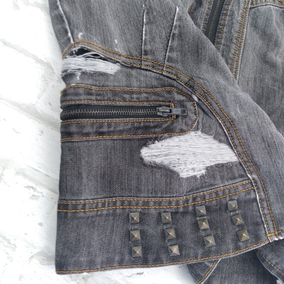 Baccini Jacket Womens Medium Blue Distressed Studded Destroyed Denim Motorcycle - Picture 10 of 12